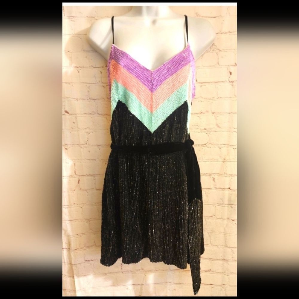 NWT Retrofête Sequin Chevron Spaghetti Strap Top Black Tie Front Dress Sz.M $795